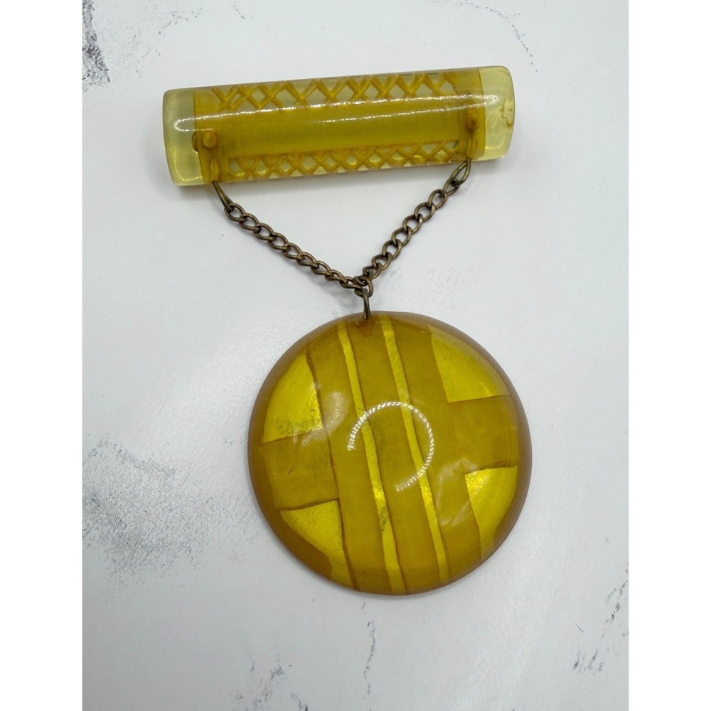 Art Deco Butterscotch Bakelite Brooch Reverse Carved Dangle Pin